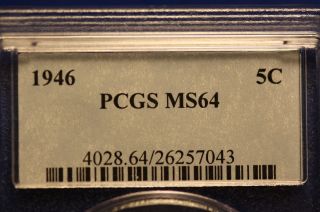 1946 5c Jefferson Nickel Pcgs Ms 64 photo