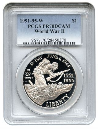 1991 - 95 - W World War Ii $1 Pcgs Pr70 Dcam Modern Commemorative Silver Dollar photo