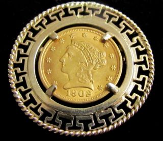1902 $2.  50 2 1/2 Dollar Extremely Fine Gold Liberty Quarter In 14kt Pin / Brooch photo
