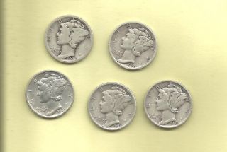 Five Mercury Dimes - 1935,  36,  42 S,  44,  45 photo