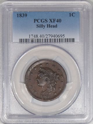 1839,  Silly Head Large Cent Pcgs Xf - 40 photo