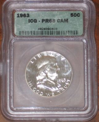 1963 Pr68 Cameo Franklin Half Dollar Icg Grade Silver Coin 50c Cam Pf photo