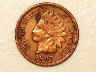 Us 1907 Indian Head Small Cent,  Very Fine,  Vf,  Die Break Lamination Error photo