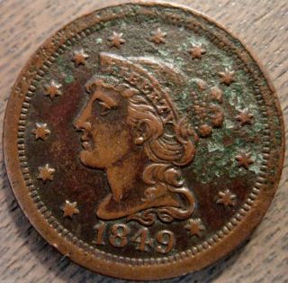 1849 Braided Hair Large Cent - Details - Environmental Damage Obv 91 photo