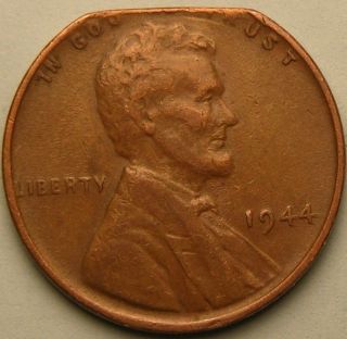 1944 P Lincoln Wheat Penny,  (straight Clipped Planchet) Error Coin Ae 471 photo