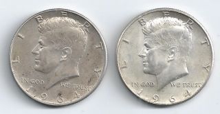 90% Silver 1964 - P & 1964 - D Kennedy Half Dollar ' S photo