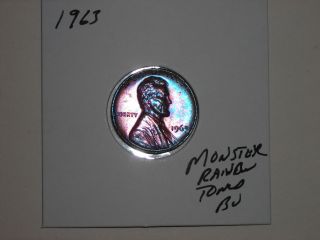 1963 Green,  Blue,  Purple,  Great Monster Rainbow Toned Lincoln Cent 1963 - P Red Bu photo