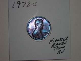 1972s Green,  Blue,  Purple,  Yellow Great Rainbow Toned Lincoln Cent 1972 - S Red Bu photo