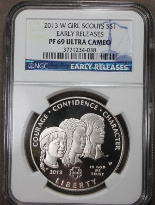 2013 W Girl Scouts Commemorative Silver Dollar Ngc Pf69 Ucam Er Sd507 photo