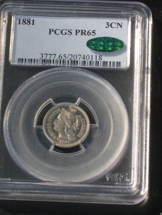 1881 Proof 3 Cent Nickel Pcgs/cac Pr65 U.  S.  3cn photo