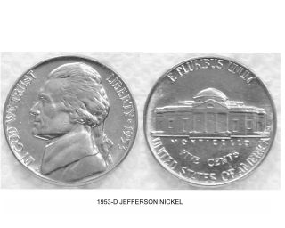 1953 - D 5c Jefferson Nickel Us Coin photo