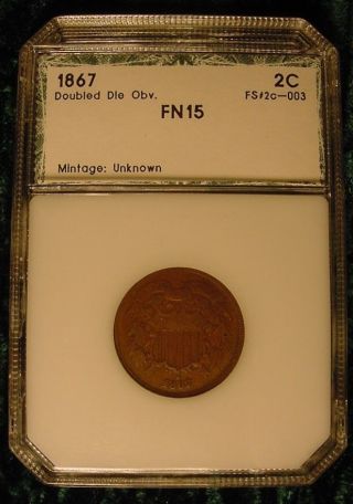 1867 Two Cents Double Die Obverse Fs 2c - 003 Fine Plus+ Great Us Coin photo