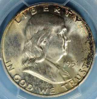 1951 - D Franklin Half Dollar Pcgs Ms64fbl - Tone,  Touch Of Rainbow,  Bold Lines photo