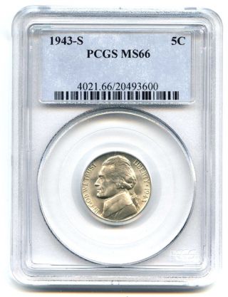 1943 S Pcgs Ms66 5c Jefferson Nickel photo