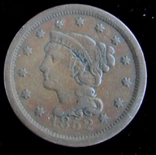 1852 Us Large Cents Braided Hair One Cent Copper Coin From Estate photo