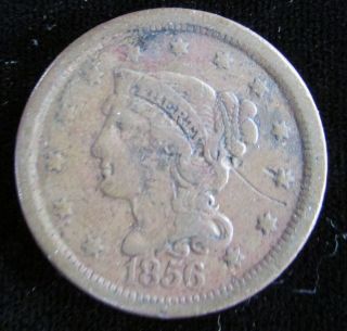 1856 Us Large Cents Braided Hair One Cent Copper Coin With Weird Back photo