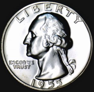 1955 Gem Proof Washington Silver Quarter Flashy White Bold Struck Prf Us Coin photo