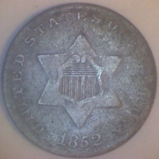 1852 (vg) Three Cent Silver Piece photo
