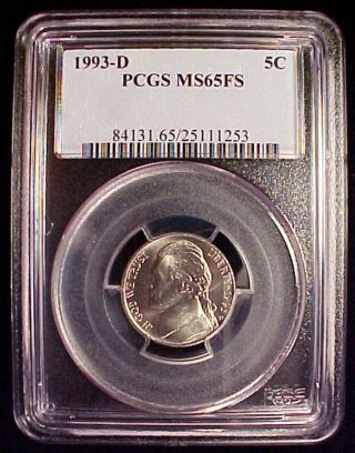 1993 - D Jefferson Nickel,  Pcgs Ms - 65fs,  Bright,  Bold Fs Coin photo