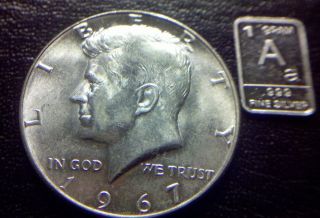 1967 40% Silver Kennedy Half Dollar With Luster + 1 Gram Silver Bar photo