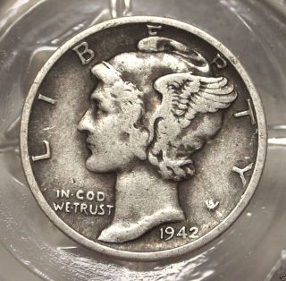 Very Fine 1942 - D 90% Silver Winged Liberty (mercury Dime). .  9426 photo