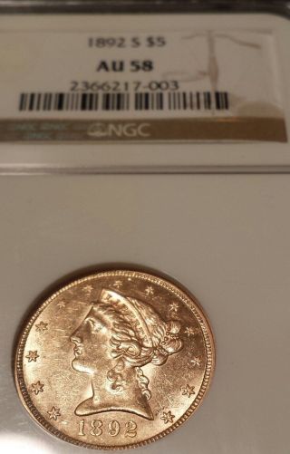 1892 - S $5 Gold Coin Ngc Au 58 Pq ++ Key Date photo