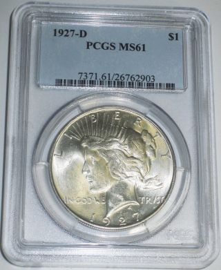 1927 D Peace Silver Dollar Pcgs Ms61 Pq +++luster Blast White Eye Appeal photo