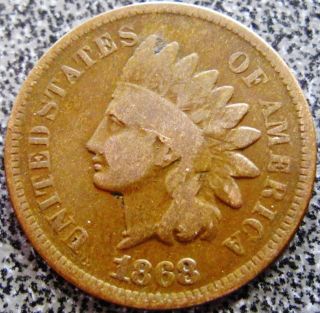 1868 Indian Head Cent Semi - Key Date Solid Major Details 91 photo