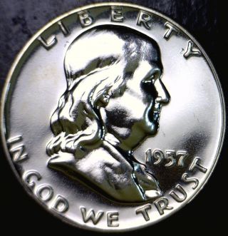 1957 Gem Proof Franklin Silver Half Dollar Flashy White Bold Struck Prf Us Coin photo