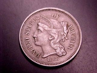 Rare 1868 3 Three Cent Nickel Piece Coin Xf - Au Buy Now Or Offer photo