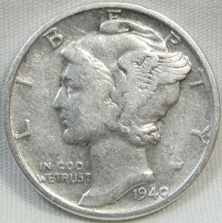 1940 10c Mercury Dime,  90% Silver,  Winged Liberty Dime,  S/h,  395 photo