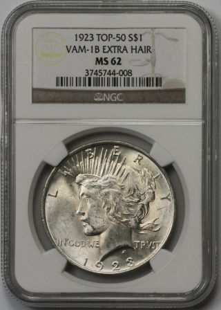 1923 Vam - 1b Extra Hair Peace Silver Dollar $1 Ms 62 Ngc Top - 50 R - 6 photo