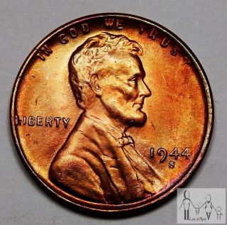 1944 S Gem Bu Unc Toned Lincoln Wheat Cent Penny 1c Us Coin - photo