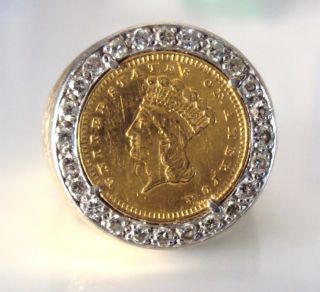 1873 $1 Indian Princess Head,  14k Gold Ring.  48ctw Diamond 15.  9gwt & Sz 7.  5 photo
