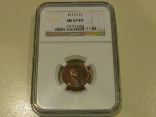 1937 S 1c Ms 64 Bn (brown) U.  S.  Wheat Penny Certified & Encapsulated By Ngc - Rare photo