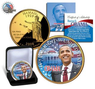 Barack Obama 44th President 24 K Gold Plated -.  Colorized Hawaii State Quarter photo