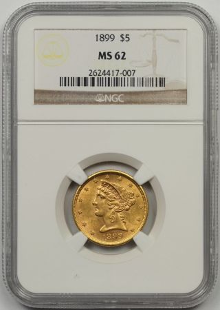 1899 Liberty Head Half Eagle Gold $5 Ms 62 Ngc photo