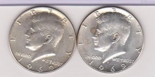 (2) 1969 - D 50c Kennedy Silver Half Dollars photo
