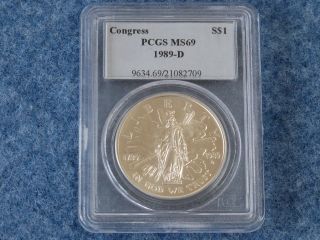1989 - D Congress Commemorative Silver Dollar Pcgs Ms69 Gem Bu B7629 photo