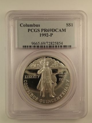 1992 - P Columbus Proof Silver Commemorative Dollar Pcgs Pf69dcam photo