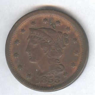 United States Large Cent Penny Coin Dated 1853 Braided photo
