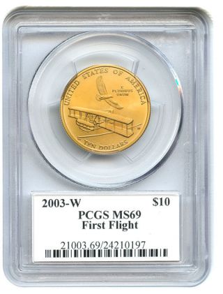 2003 - W First Flight $10 Pcgs Ms69 (john Mercanti Signature) Modern Commem Gold photo