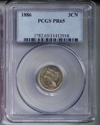 Stunning 1886 Three Cent Nickel Graded By Pcgs Proof 65 Only 4290 Minted photo