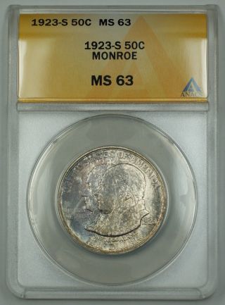 1923 - S James Monroe Commem Silver Half Dollar 50c Coin Anacs Ms - 63 Lightly Toned photo