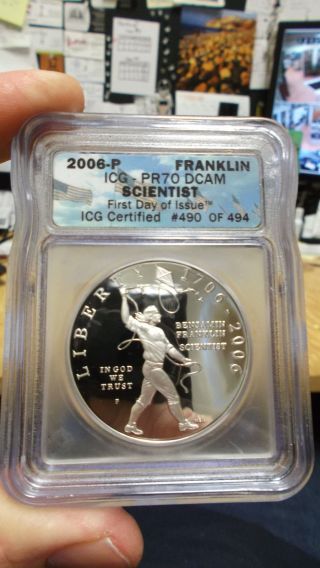 2006 Scientist - Franklin Silver Dollar Commemorative Icg - Pr70 Perfect Coin photo