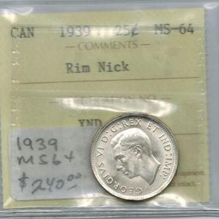 Canada 1939 25 Cents Quarter Iccs Ms 64 photo