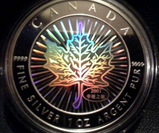 2001 1 Oz Silver Canadian Maple Leaf (good Fortune Hologram) photo