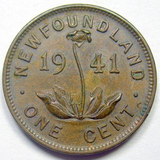 1941c Newfoundland Small Cent Au - 58 Lustrous Brown Aunc.  ++ Nfld.  Penny photo