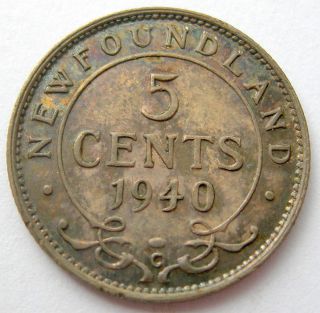 1940c Newfoundland Five Cents Au - 50 Toned Low Mintage Nfld.  5¢ Silver photo