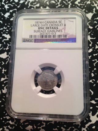 1874 Canada 5 Cent Silver Large Date Crosslet 4 Ngc Graded Uncirculated G180 photo